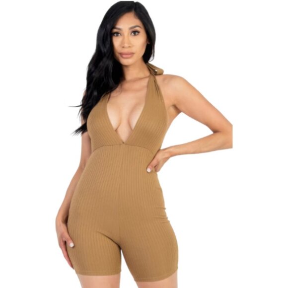 Women's Rib Knit Bodycon Romper, Halter Neck, V-Cut Design, Stretch Fit Mocha - Picture 1 of 3